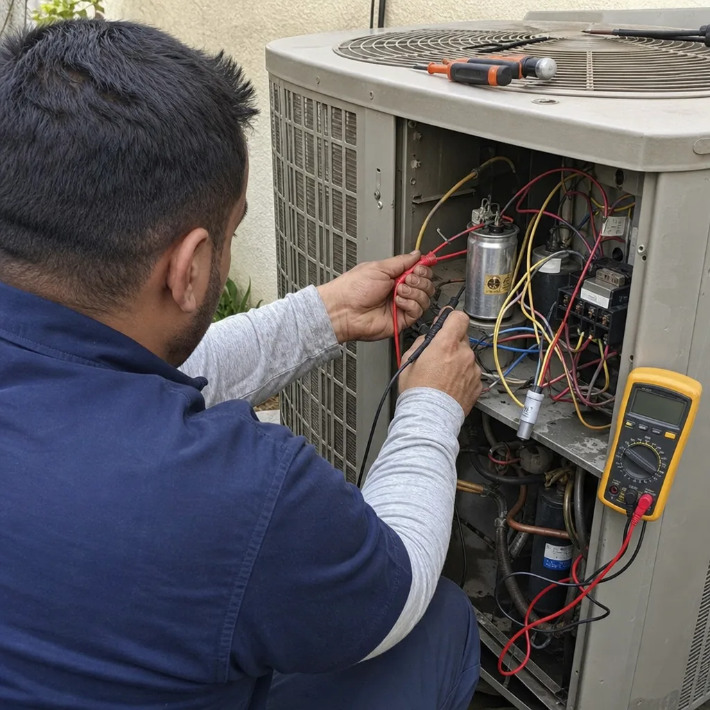 HVAC technician testing an air conditioner component with a digital multimeter