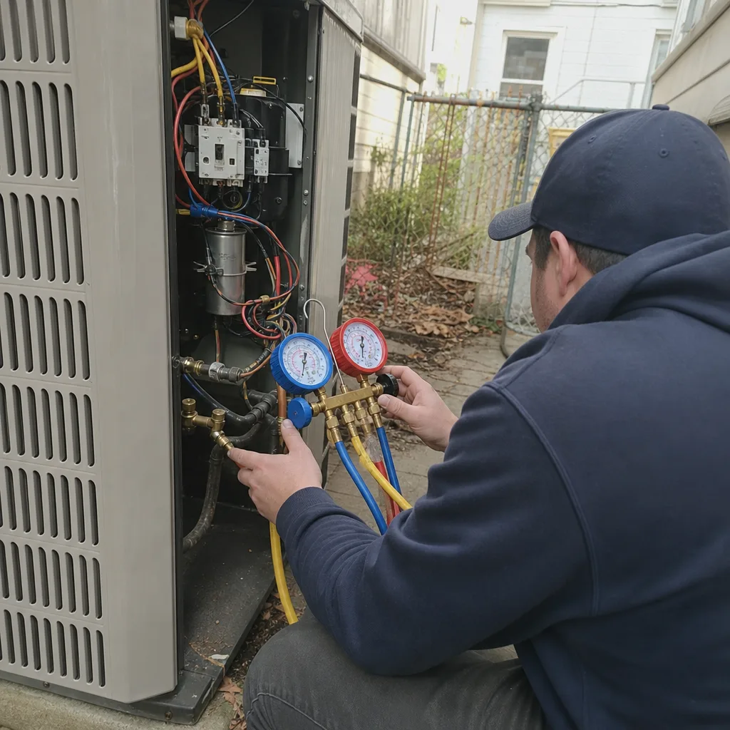 HVAC technician performing professional air conditioning repair and diagnostic service