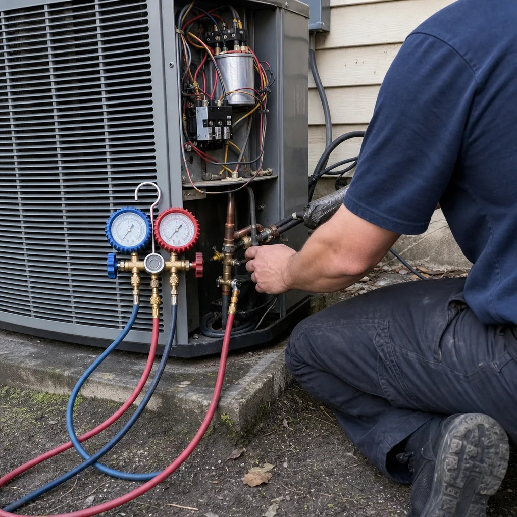 HVAC technician performing professional AC repair using a pressure gauge set