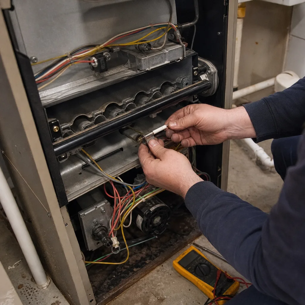 HVAC technician performing professional furnace repair and maintenance