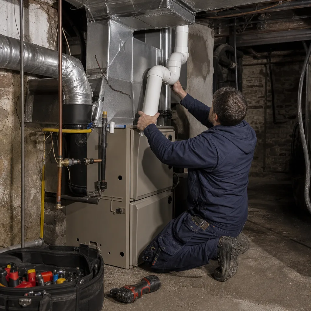 HVAC technician performing professional furnace repair and maintenance in a basement