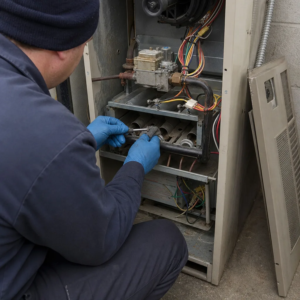 HVAC technician performing professional furnace repair and maintenance